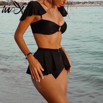 In-X Black swimsuit with skirt Sexy high waist bikini 2020 Ruffle swimsuit female swimwear women Off shoulder retro bathing suit
